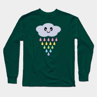 Kawaii Cute Raining Rainbow Rain Cloud in Green Long Sleeve T-Shirt